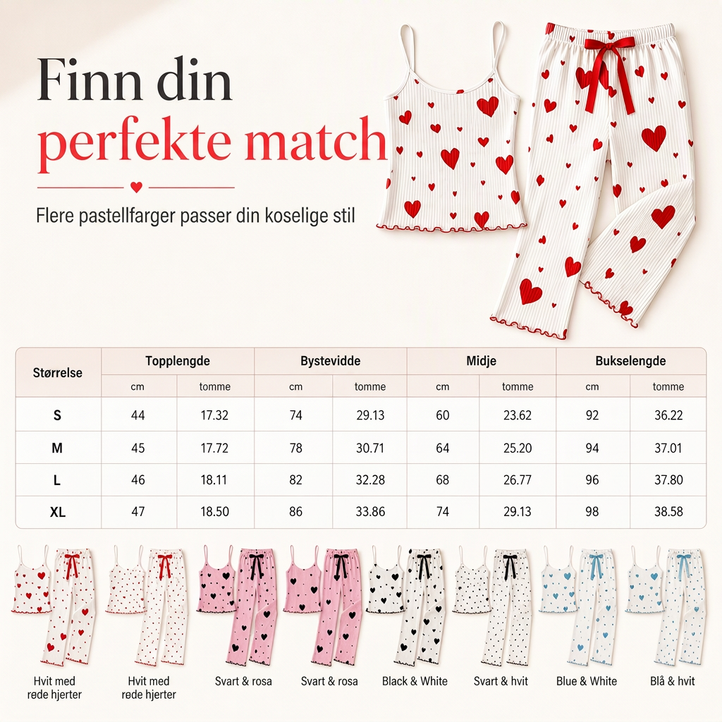 Damesett i ribbestrikk, 2 deler - Pyjamasett med hjerteprintet camisole-topp og langbukse, loungewear