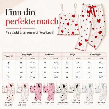 Damesett i ribbestrikk, 2 deler - Pyjamasett med hjerteprintet camisole-topp og langbukse, loungewear