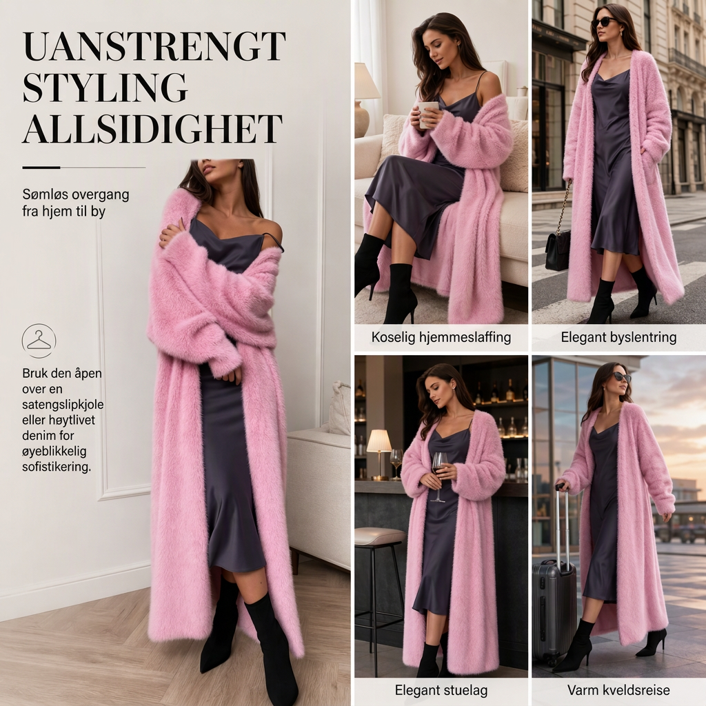 Lang cardigan i imitert minkpels til dame, fluffy, åpen strikkjakke for høst og vinter