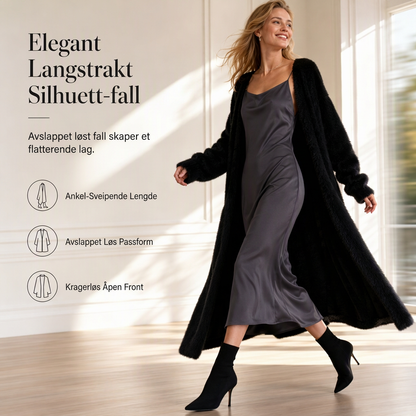 Lang cardigan i imitert minkpels til dame, fluffy, åpen strikkjakke for høst og vinter