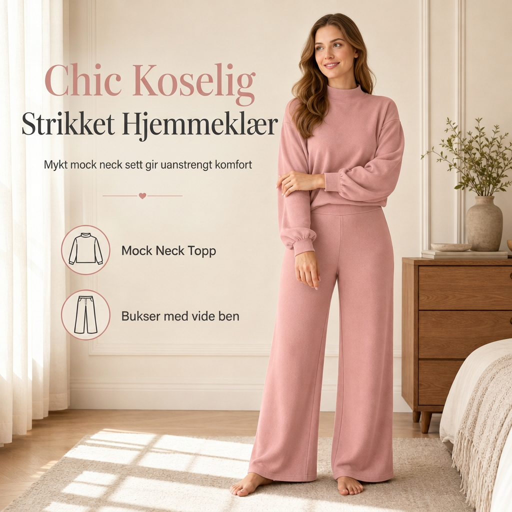Avslappet strikket loungewear-sett i to deler for kvinner med langermet genser med mock hals og høyvidde, vidbeinte bukser