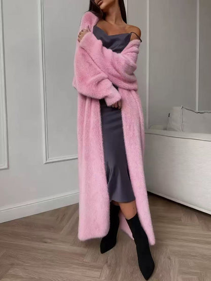 Lang cardigan i imitert minkpels til dame, fluffy, åpen strikkjakke for høst og vinter