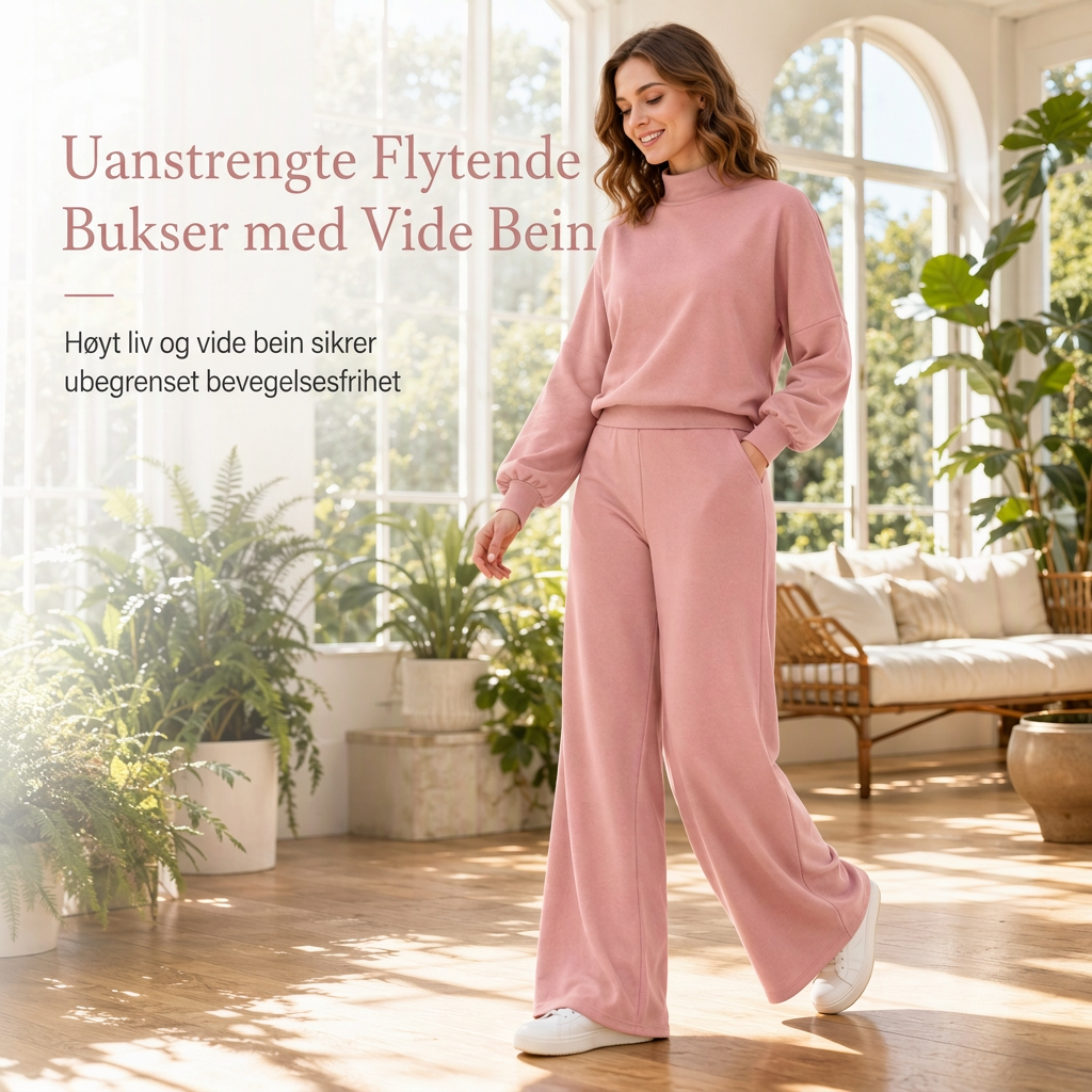 Avslappet strikket loungewear-sett i to deler for kvinner med langermet genser med mock hals og høyvidde, vidbeinte bukser