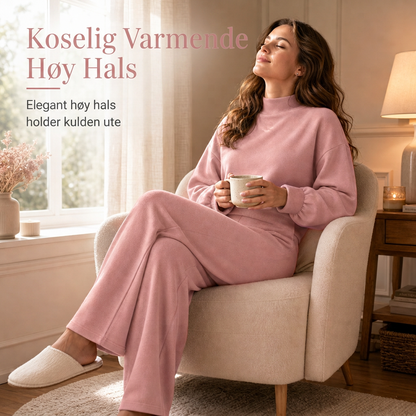 Avslappet strikket loungewear-sett i to deler for kvinner med langermet genser med mock hals og høyvidde, vidbeinte bukser