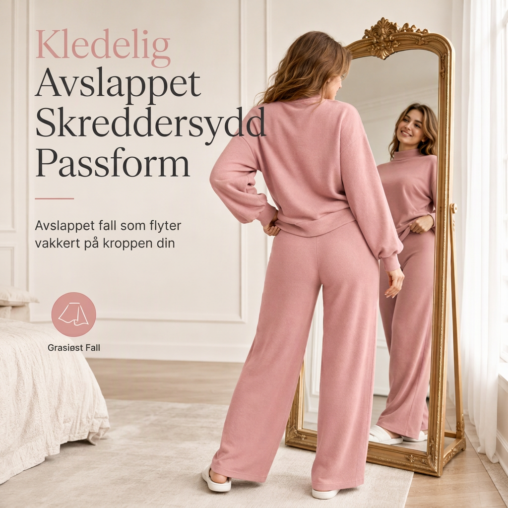 Avslappet strikket loungewear-sett i to deler for kvinner med langermet genser med mock hals og høyvidde, vidbeinte bukser