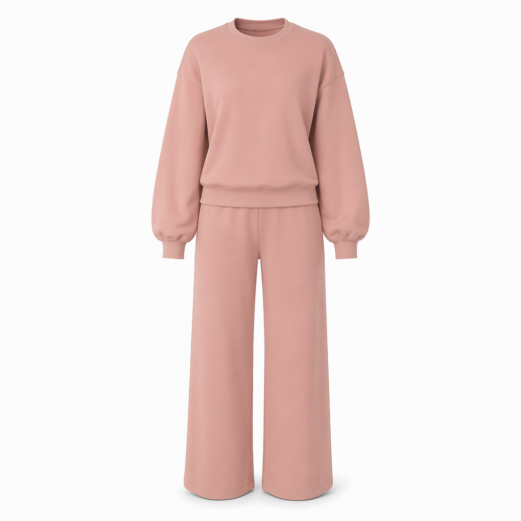 Avslappet strikket loungewear-sett i to deler for kvinner med langermet genser med mock hals og høyvidde, vidbeinte bukser
