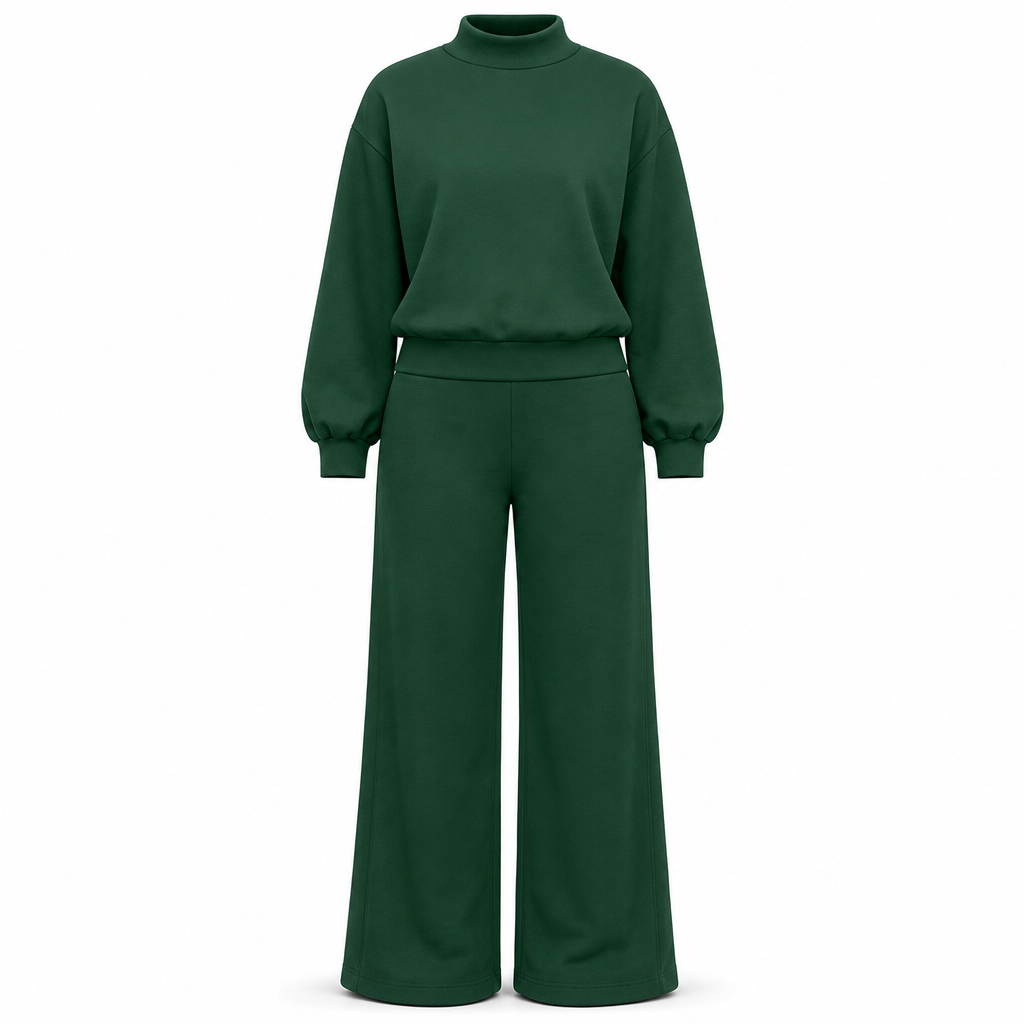 Avslappet strikket loungewear-sett i to deler for kvinner med langermet genser med mock hals og høyvidde, vidbeinte bukser