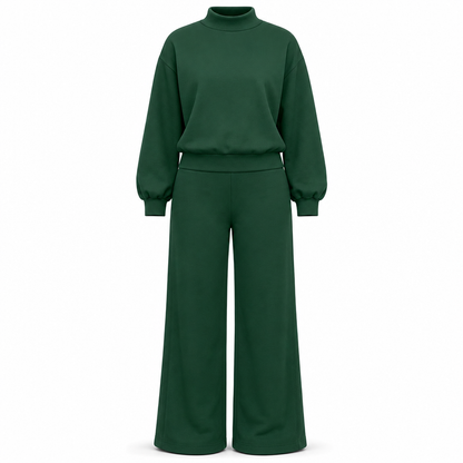 Avslappet strikket loungewear-sett i to deler for kvinner med langermet genser med mock hals og høyvidde, vidbeinte bukser