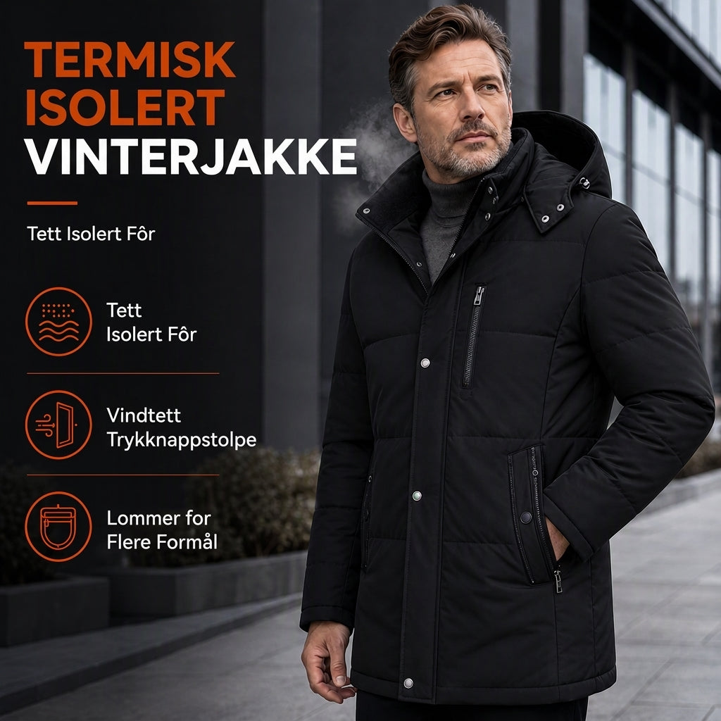 Mid-length vinterjakke med stoppet og tykkere bomull for forretningsmessig og tilfeldig bruk, for middelalderske menn