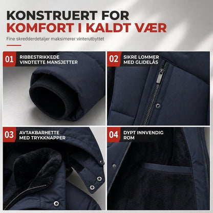 Mid-length vinterjakke med stoppet og tykkere bomull for forretningsmessig og tilfeldig bruk, for middelalderske menn