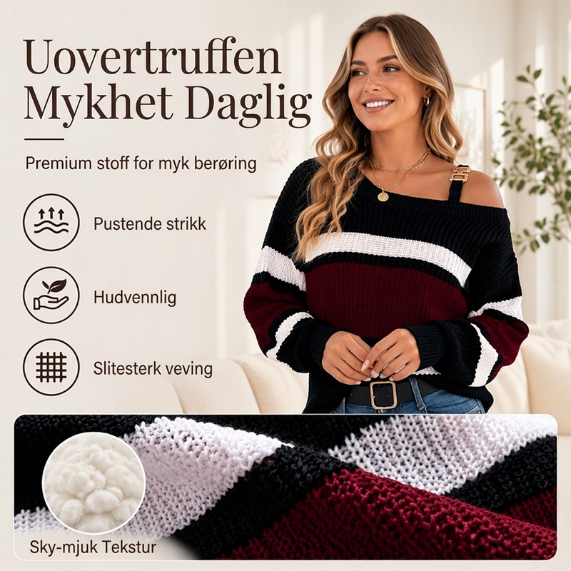 Avslående strikegenser med striper og bare skuldre for kvinner