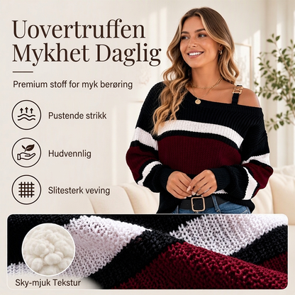 Avslående strikegenser med striper og bare skuldre for kvinner