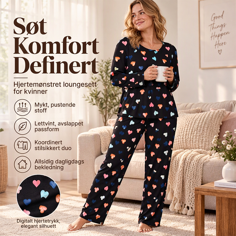 Pyjamssett med langt ermer og hjertemønster for kvinner