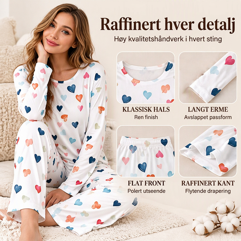 Pyjamssett med langt ermer og hjertemønster for kvinner