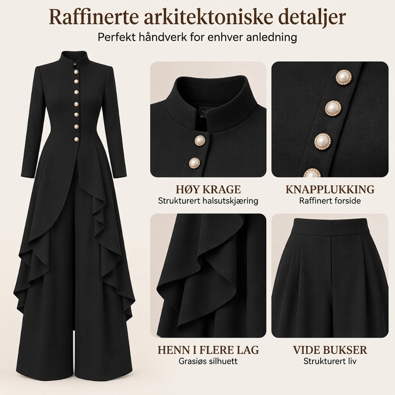 Damesett: Elegant lang frakk og vide bukser