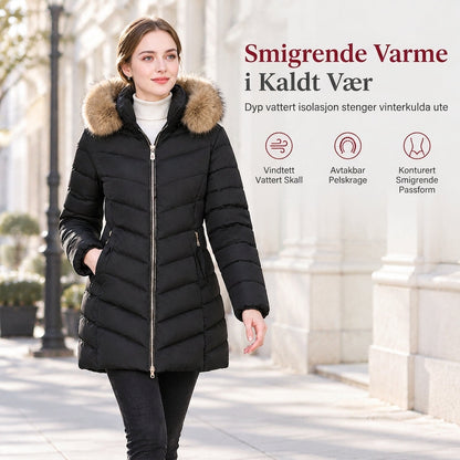 Vinterforet midtlangt tettsittende kåpe til kvinner med stor pelskrage