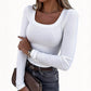 Ribbsittende langt ermet square neck topp for kvinner