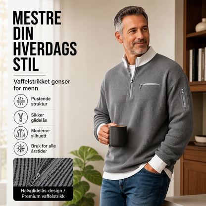 Herre, avslappet vaffle-quarterzip-genser